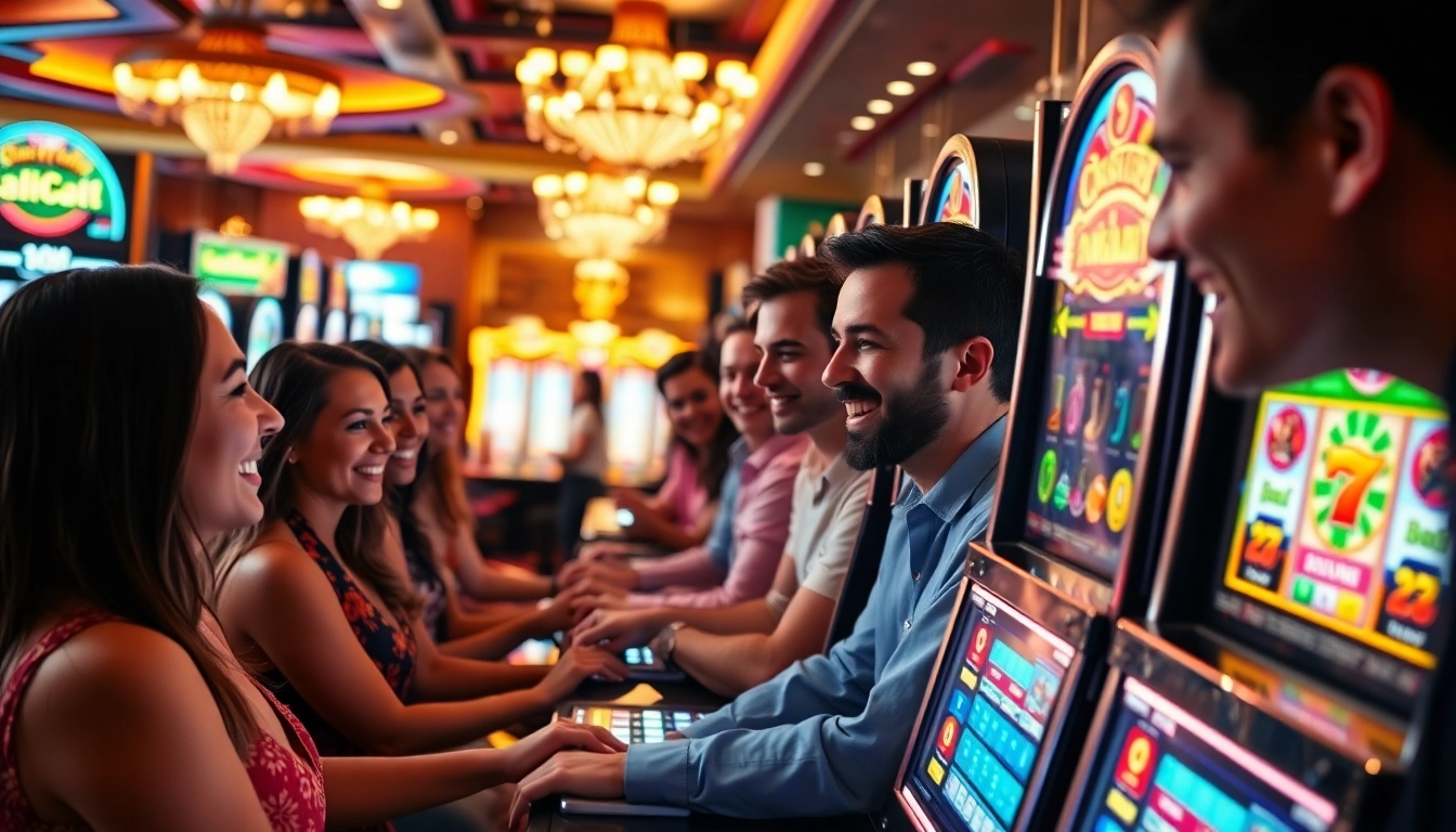 Mesin slot777 berwarna cerah dengan pemain yang antusias, menciptakan suasana kasino yang hidup.