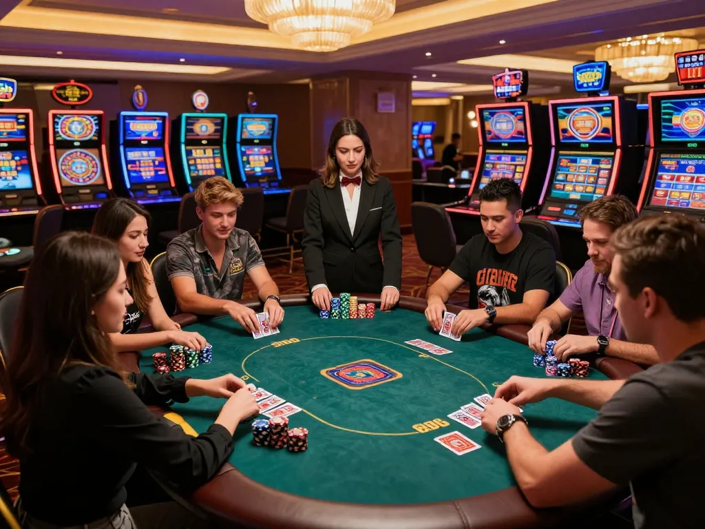 Friends enjoying an intense poker game at tip88 casino with vibrant slot machines in the background