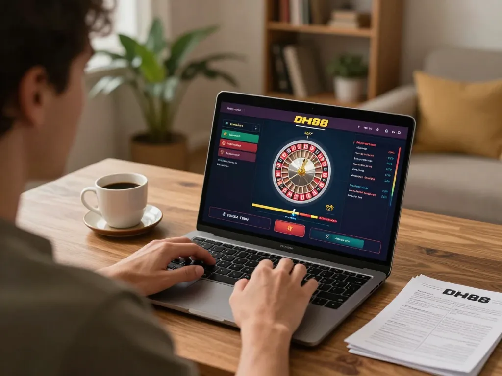 Player interacting with DH88 online casino app on laptop, showcasing dynamic gaming experience.
