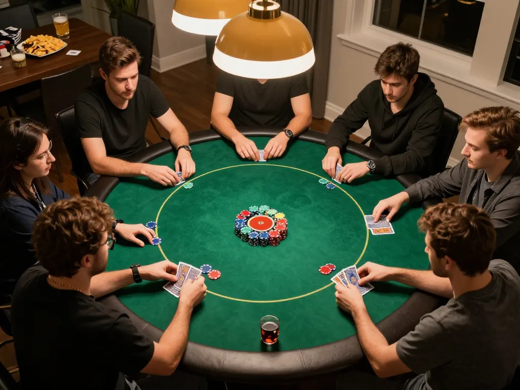 Thabet poker game features thrilling players, bright chips, and social engagement in a home atmosphere.