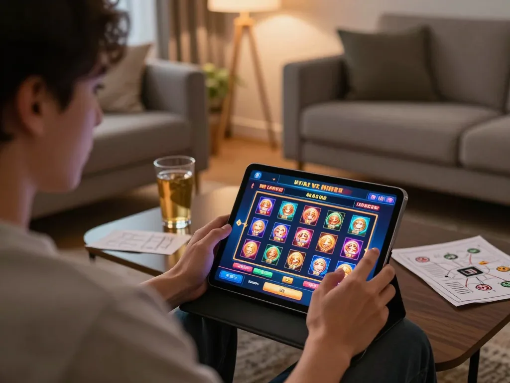 Engaging gameplay at home with slot depo 4k on tablet, showcasing strategic online gambling.