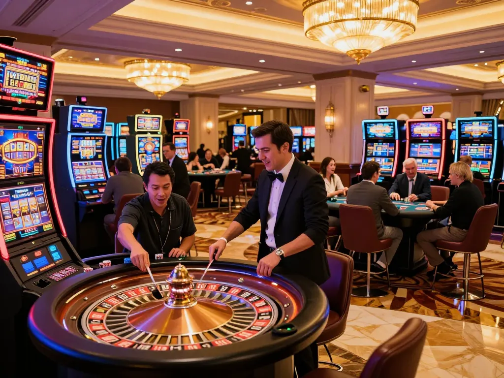 M88 không bị chặn: Người chơi ăn mừng chiến thắng tại một bàn chơi slot và roulette sôi động trong casino.