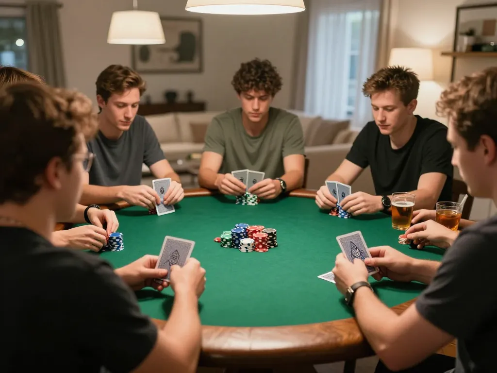 Players enjoy an exciting poker game at home, showcasing vipwin themed strategies and vibrant interactions