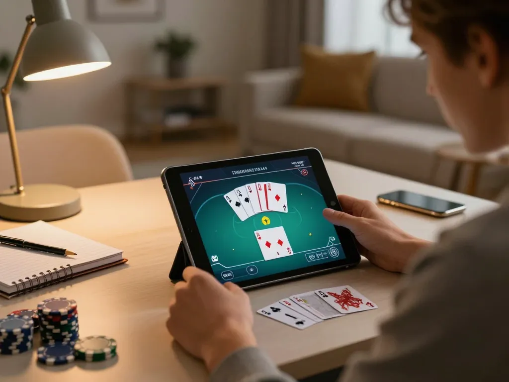 Engaged player enjoying online poker at home, showcasing RR88 SELECT platform's lively and strategic gaming experience