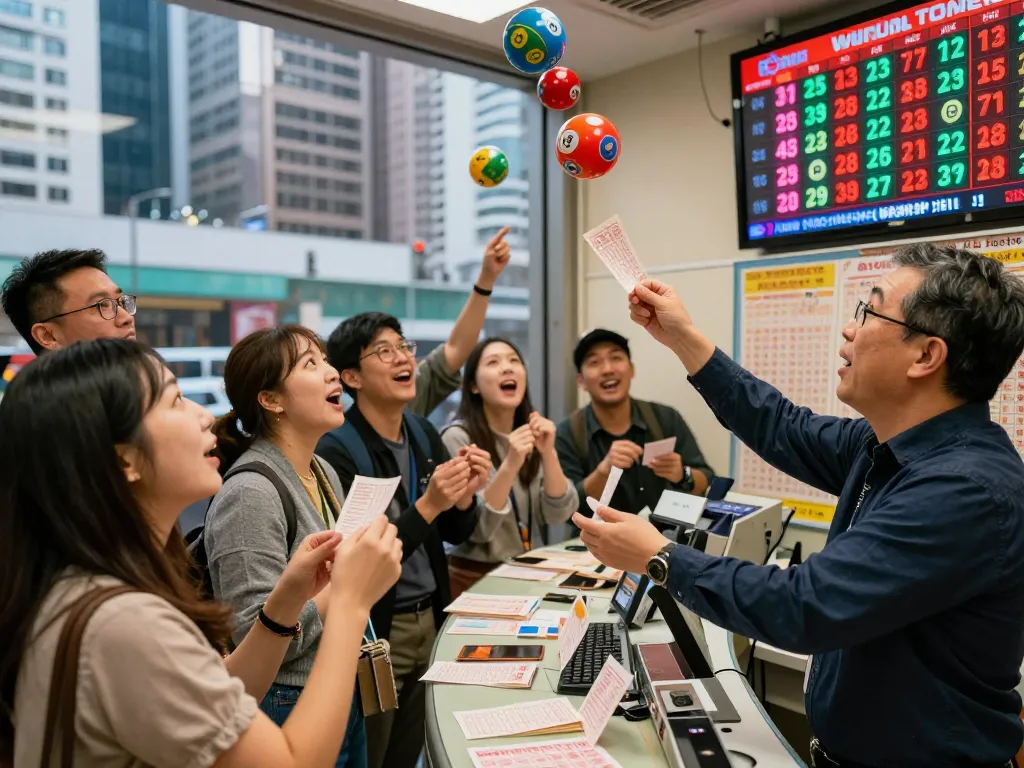 Exciting Hongkong Lotto draw scene with players celebrating winning numbers in vibrant urban setting