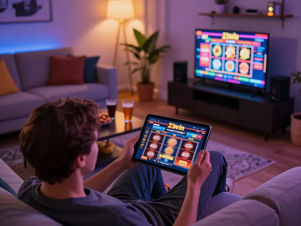 Engaging in a 23win online gaming session at home, showcasing tablet use and cozy atmosphere.