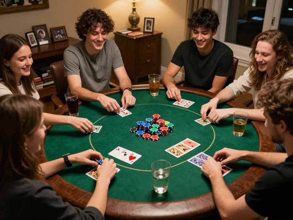 Friends enjoying a lively poker night, showcasing the best widget store atmosphere with chips and cards in action