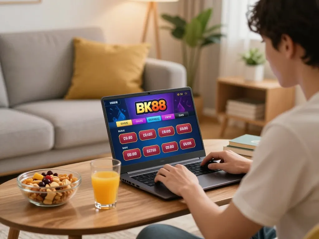 Engaging in BK88 online gaming strategy in a cozy home setting, showcasing relaxation and focus