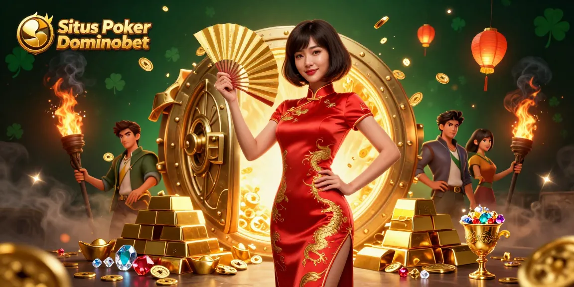 Engage in the vibrant world of Situs Poker Dominobet with our festive 3D illustration featuring an elegant character amidst golden treasures and poker elements.