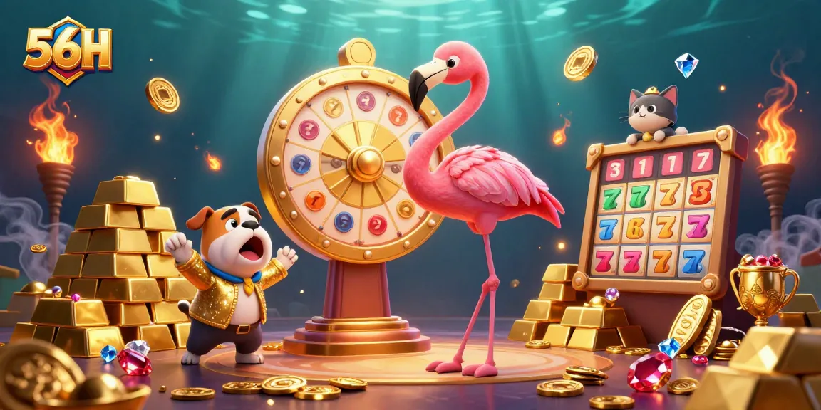 Experience thrilling wins at 56H with vibrant casino characters revealing jackpots and treasures.