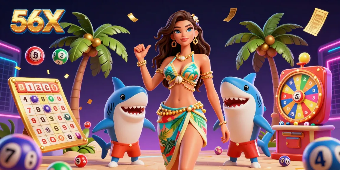 Engage with exciting games at 56X, featuring a vibrant 3D illustration of casino elements and characters.