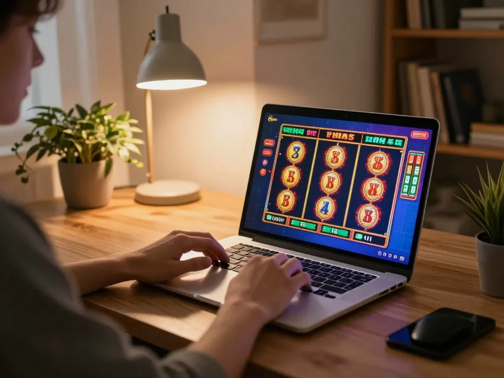 Playing slot games online on a laptop with vibrant graphics in a cozy home setup