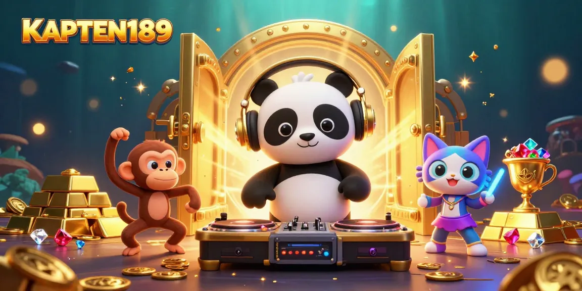 KAPTEN189 menghadirkan suasana slot online dengan karakter DJ panda dan temannya dalam ilustrasi 3D yang menarik.