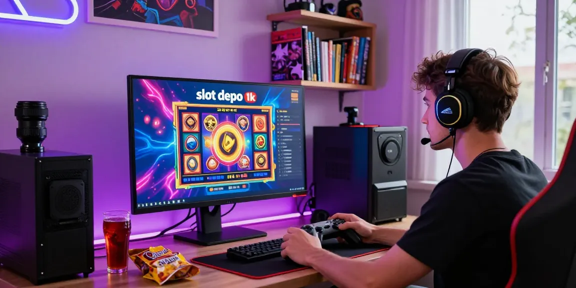 Gamer enjoying slot depo 1k game on a vibrant home setup with colorful screen.