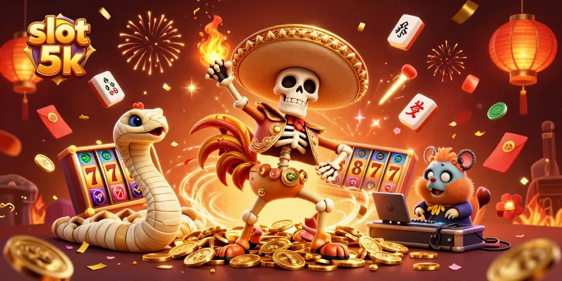 Play dynamic slot 5k games featuring exciting wins and vibrant characters in a festive casino scene.