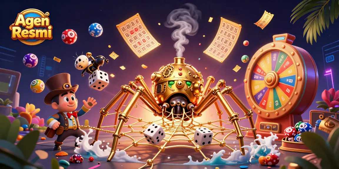 Agen Resmi captures excitement with a steampunk spider and a fly gentleman in a vibrant casino scene.