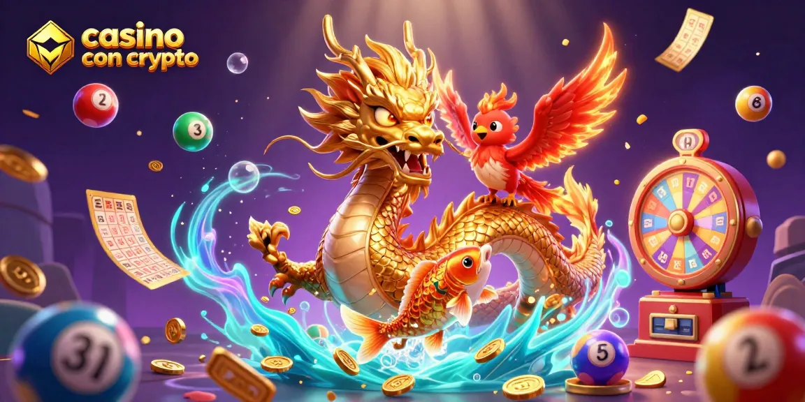 Vivi l'emozione del casino con crypto con il drago dorato e il pesce koi tra le monete.