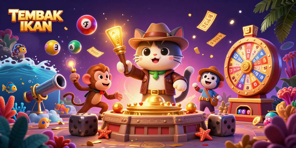 TEMBAK IKAN game visuals showing a cartoon explorer cat and monkey amidst vibrant casino elements and underwater themes.