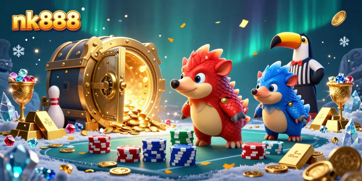 Engage with nk888 as cartoon pangolins roll and bowl through poker chips in a vibrant casino scene.