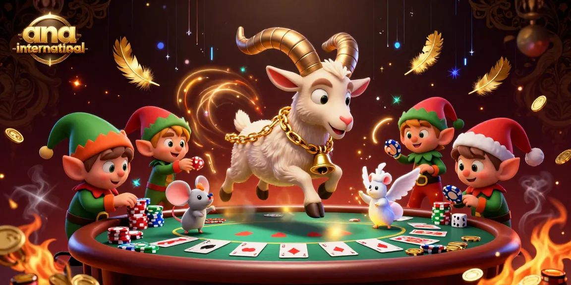 Play casino games at ana-international with Krampus, angels, and elf gremlins stealing poker chips in an action-packed scene.