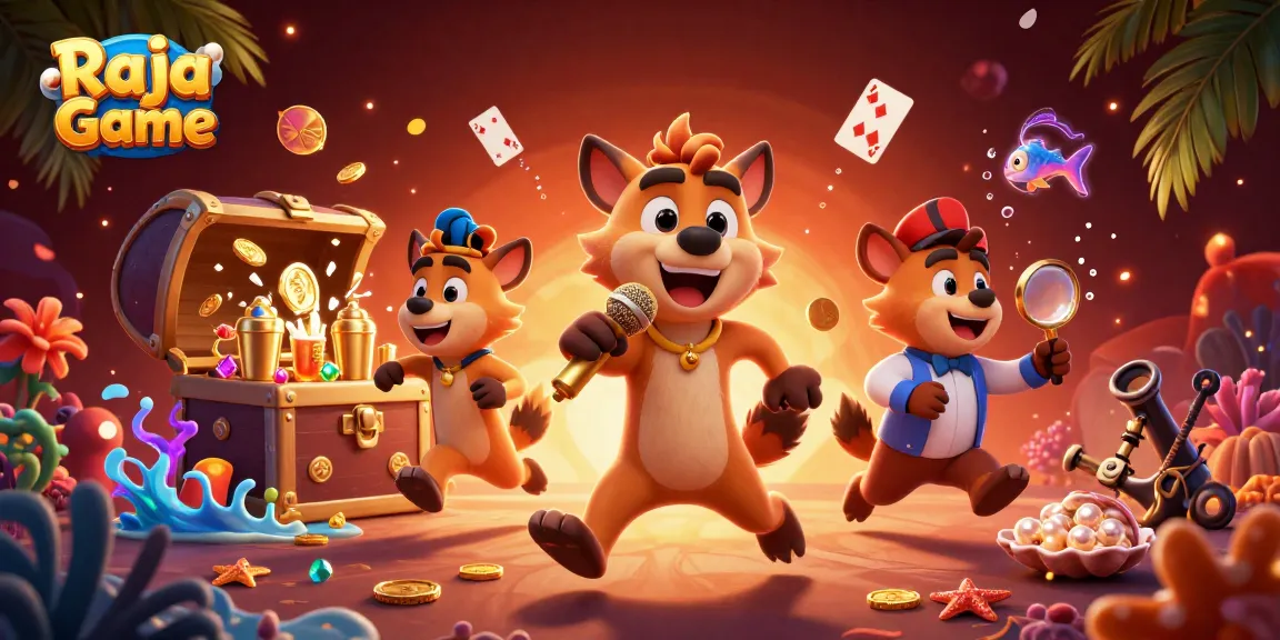 Win big at Raja Game with a vibrant illustration featuring a hyena comedy club, casino elements, and excitement.