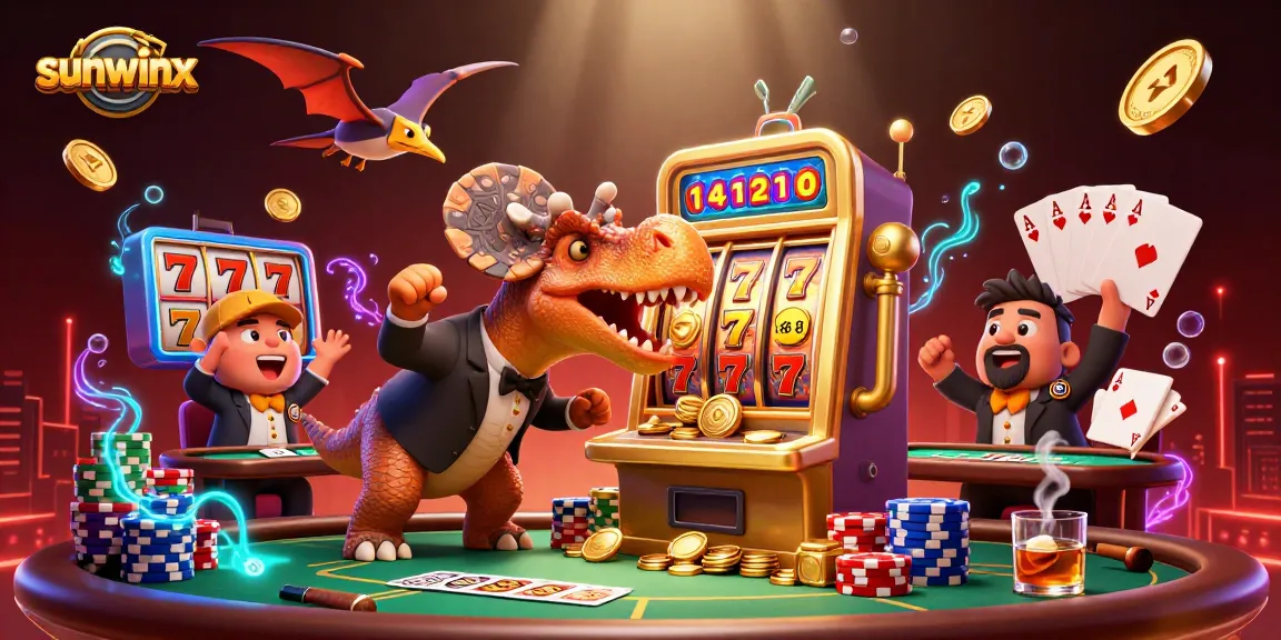 sunwinx pays out jackpot coins as a cartoon dinosaur interacts with a slot machine in a vibrant casino scene