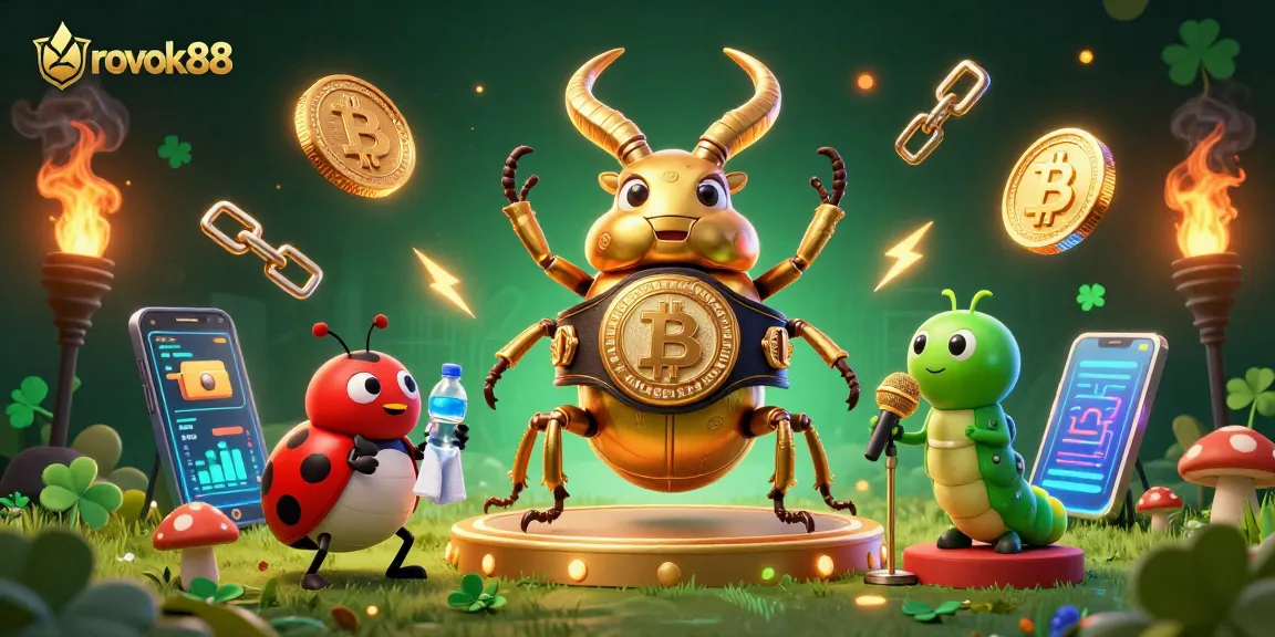 Join the rokok88 excitement with a golden stag beetle boxing champion amidst glowing crypto coins.