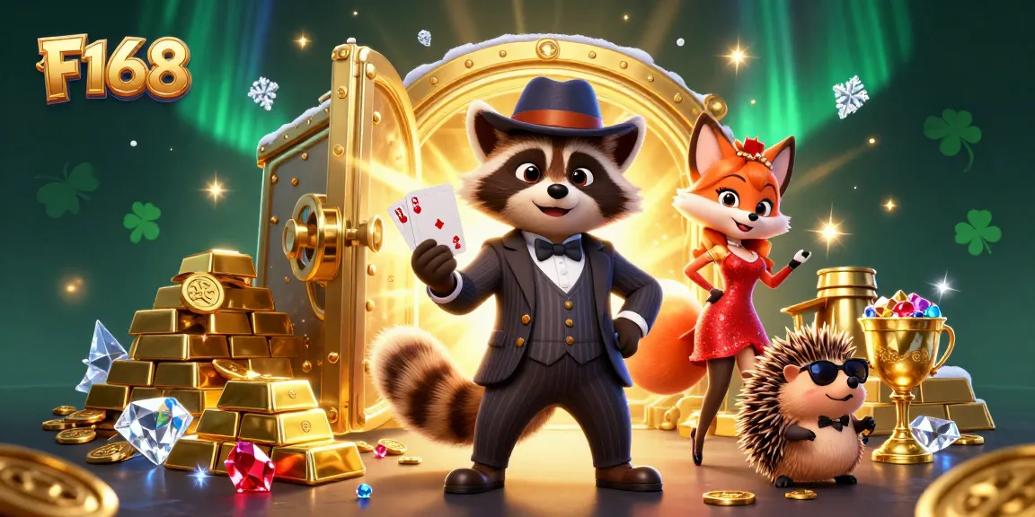 Experience the thrill of F168 with a whimsical 3D casino scene featuring raccoon, fox, and hedgehog characters.