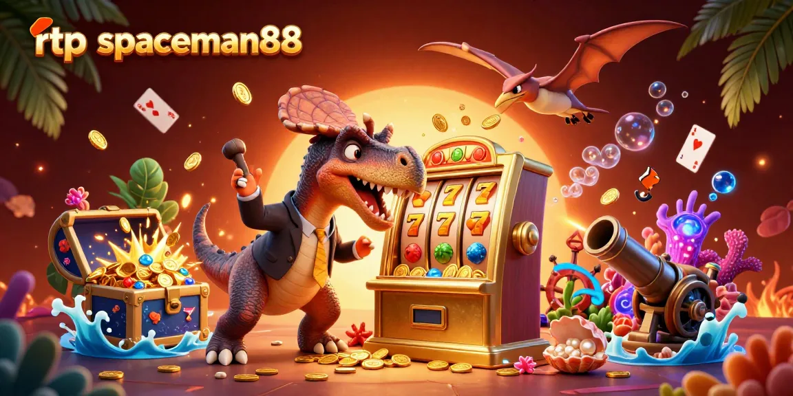 Experience the excitement of rtp spaceman88 with cartoon dinosaurs winning jackpots at a vibrant casino scene.
